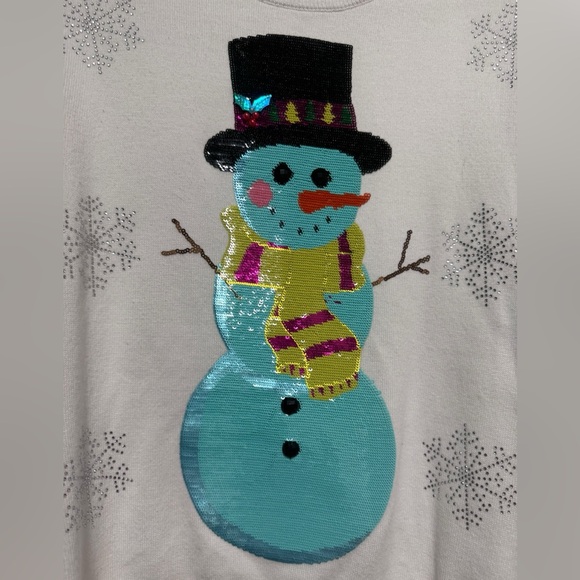QUEEN OF SPARKLES White Sequin Snowman Crewneck with Feather Cuffs NWOT SIZE S - Picture 3 of 7